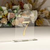 Clear and Mirror Gold Acrylic Signs - Gold Wedding Table Signs - Wedding Table Decor, Gold Table Numbers, Arched acrylic table numbers AOA