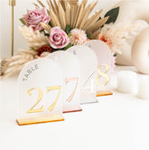 Arched Shape Table Numbers - Frosted Acrylic Table Numbers - Gold Wedding Table Numbers with Stands - Wedding Signage - Table Number Signs AG