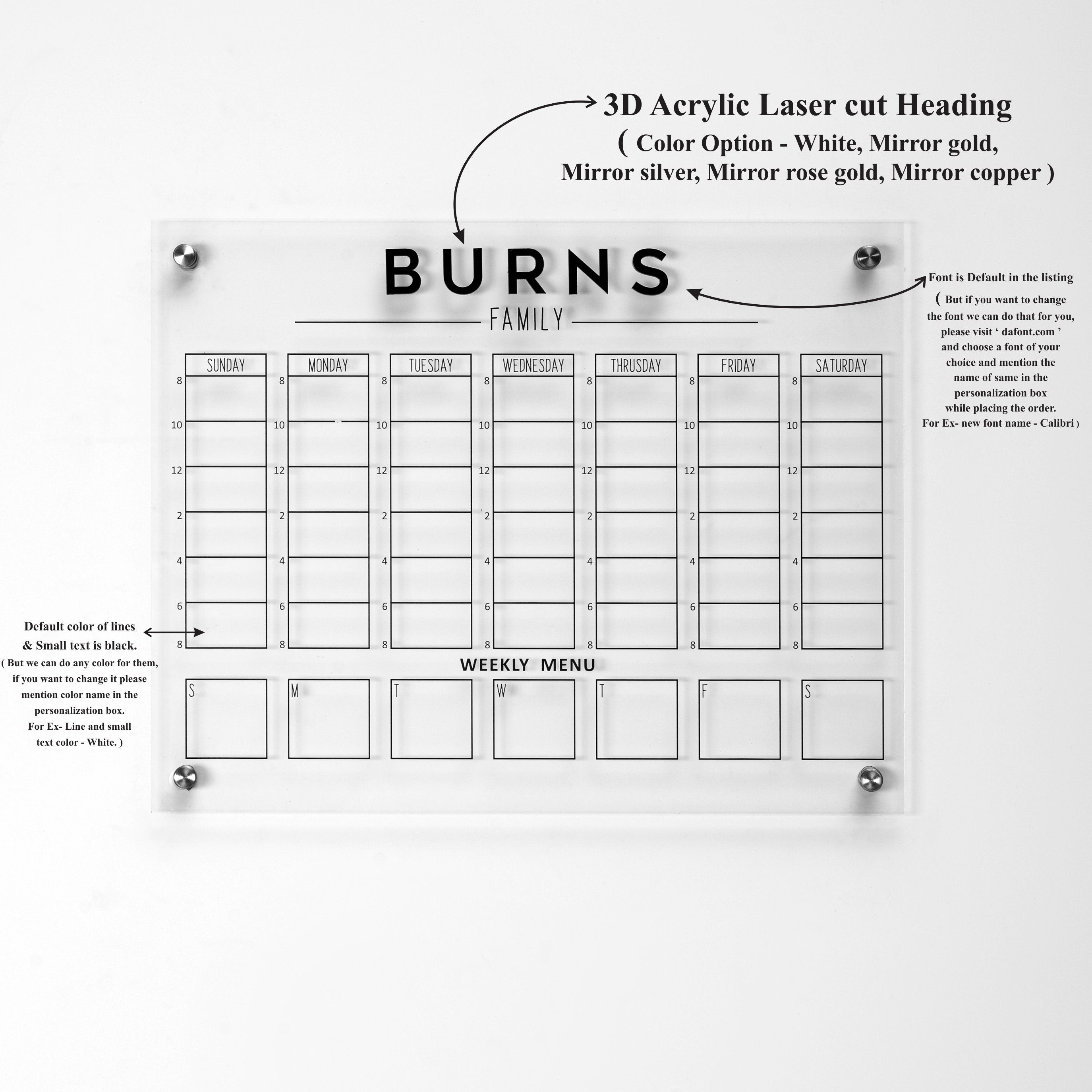 Acrylic Weekly Calendar Board For Wall || family command center dry erase board clear acrylic calendar office décor, Weekly Calender