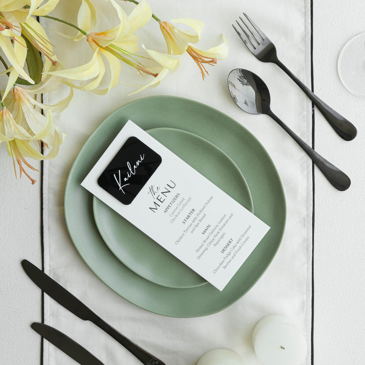 White and Black Wedding Menu Cards with Name Place Cards