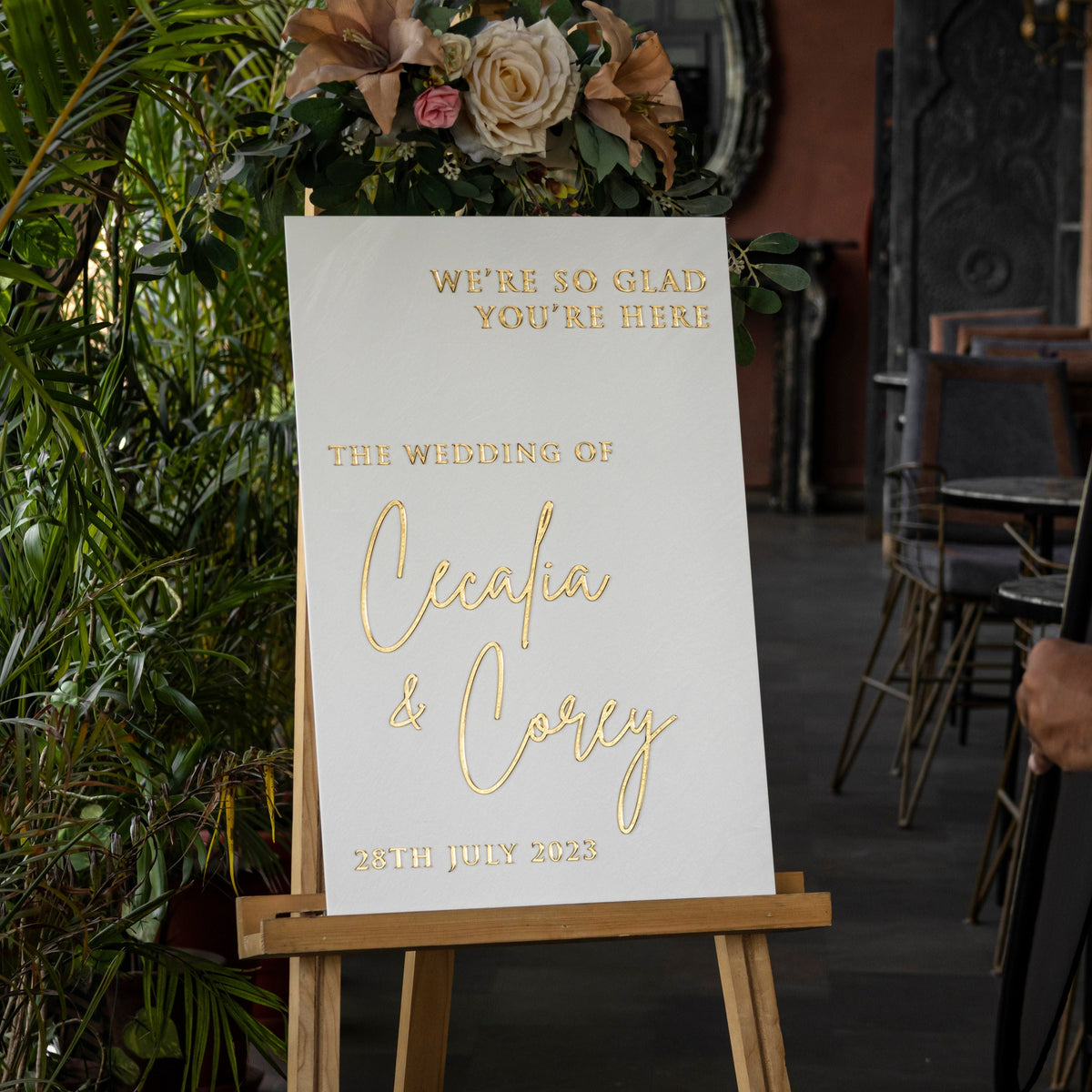 White Acrylic Wedding Sign With 3D Mirror Gold Names