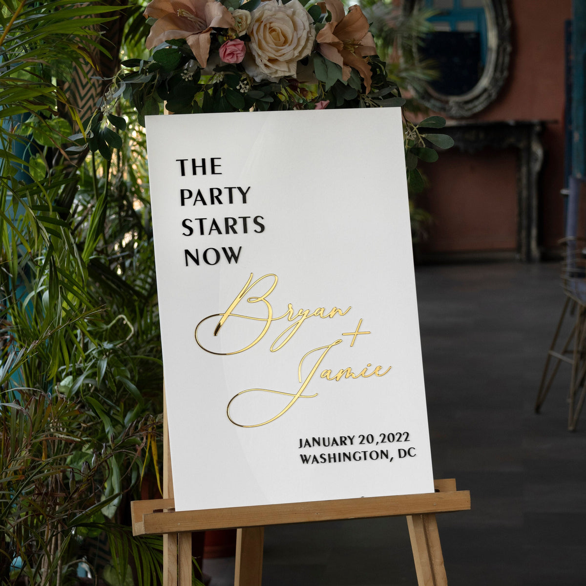 White Acrylic Wedding Sign With 3D Mirror Gold Names-RR