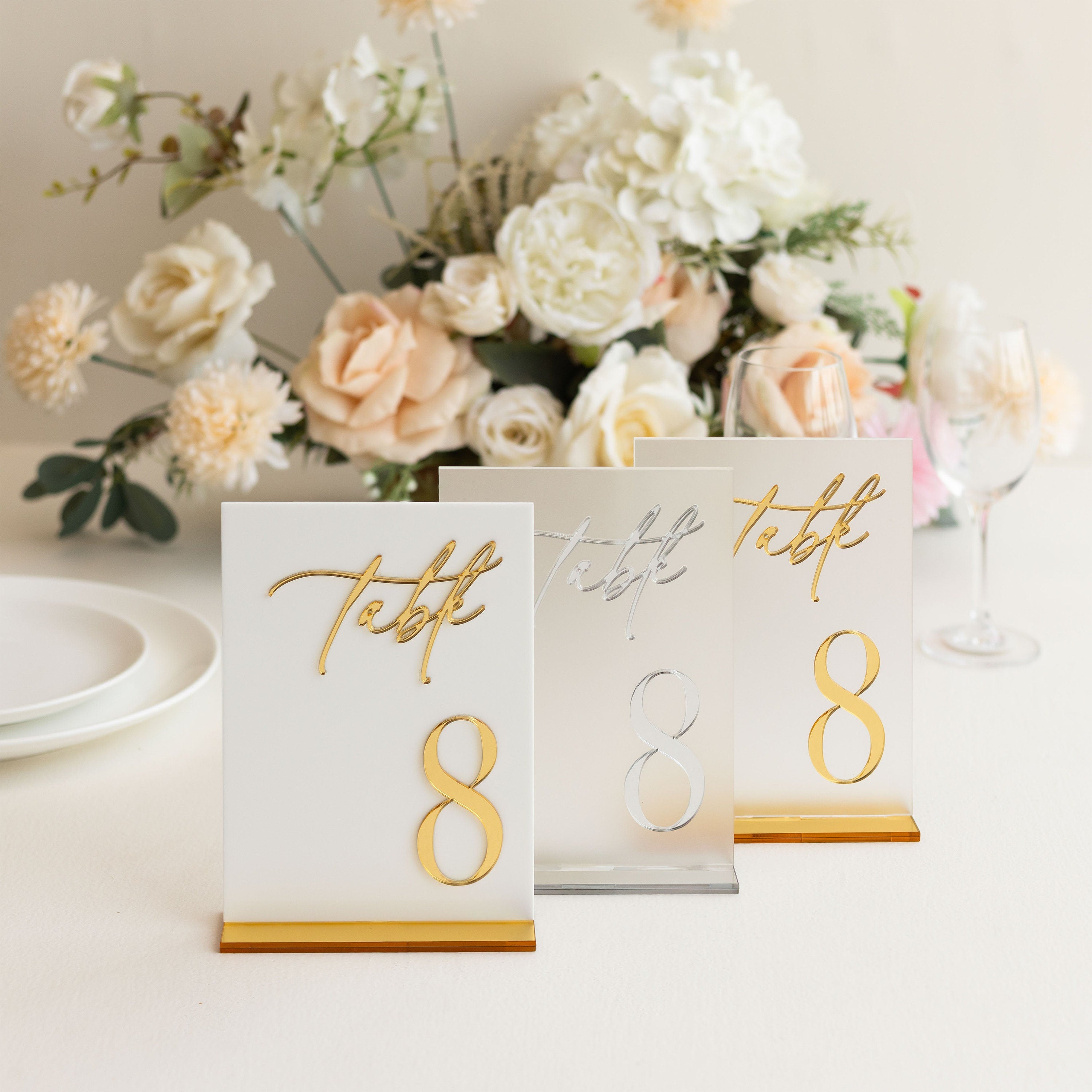 White Acrylic 3D Gold Mirror Table Signs