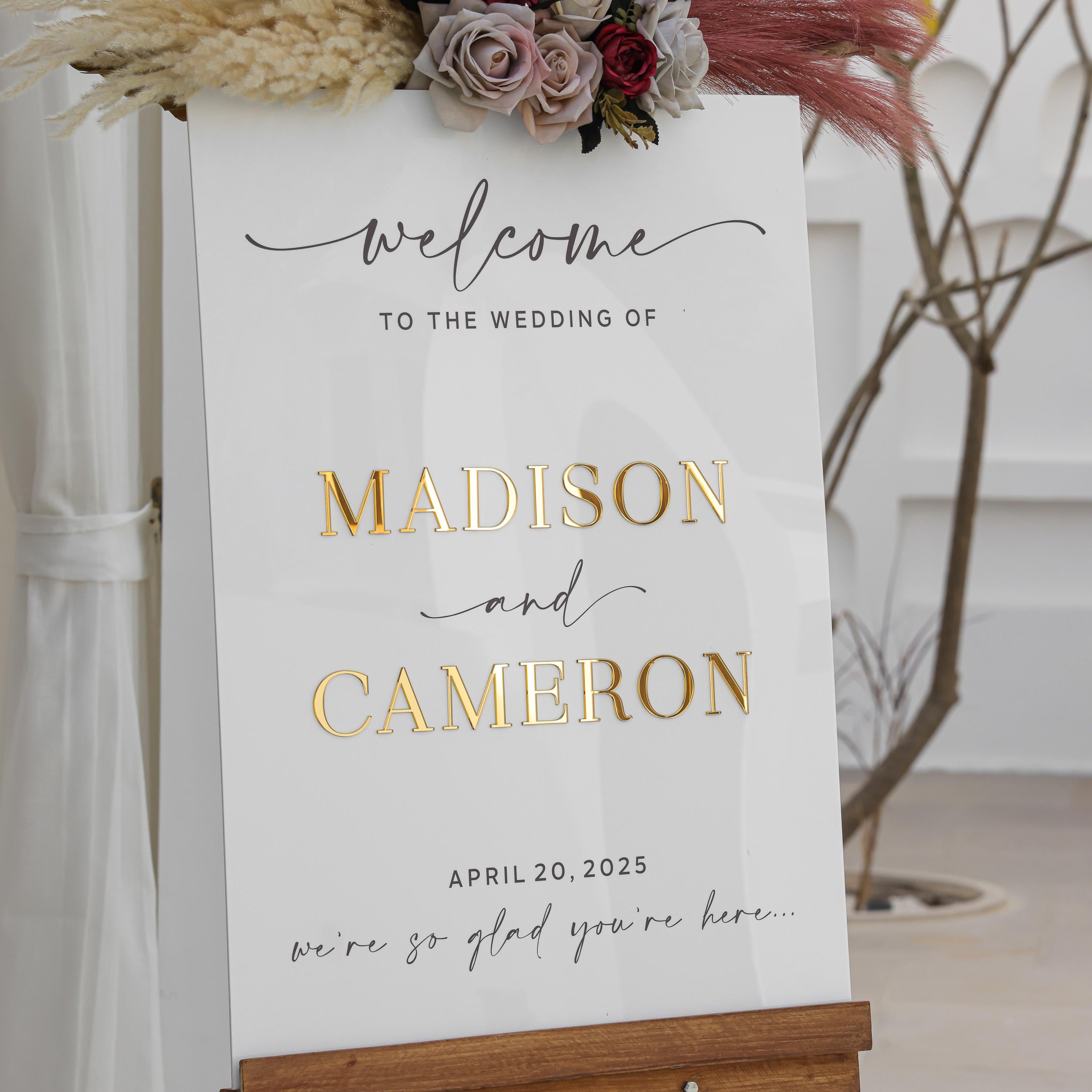 Acrylic Wedding Sign With 3D Mirror Gold Names