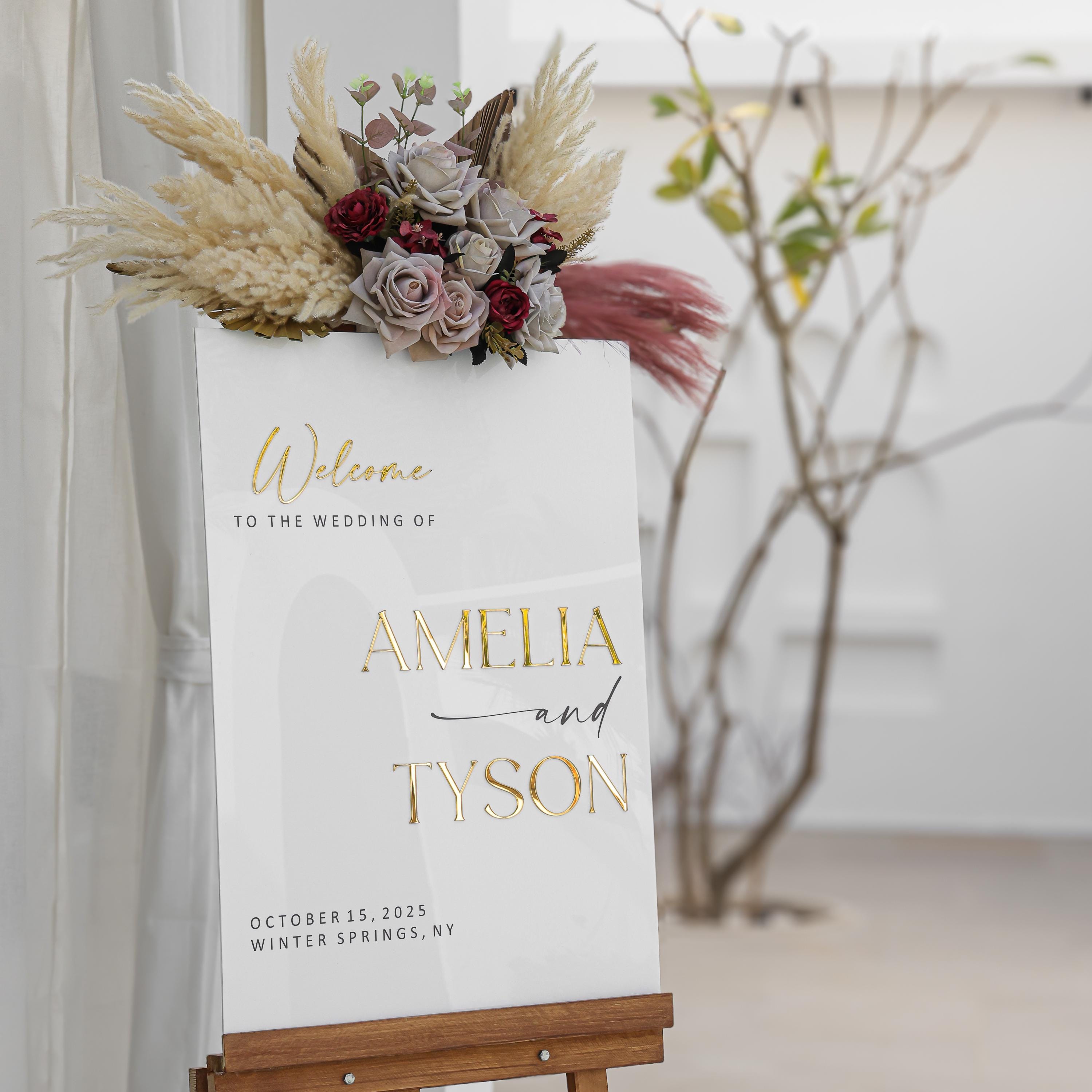 Acrylic Wedding Sign With 3D Mirror Gold Names-RR