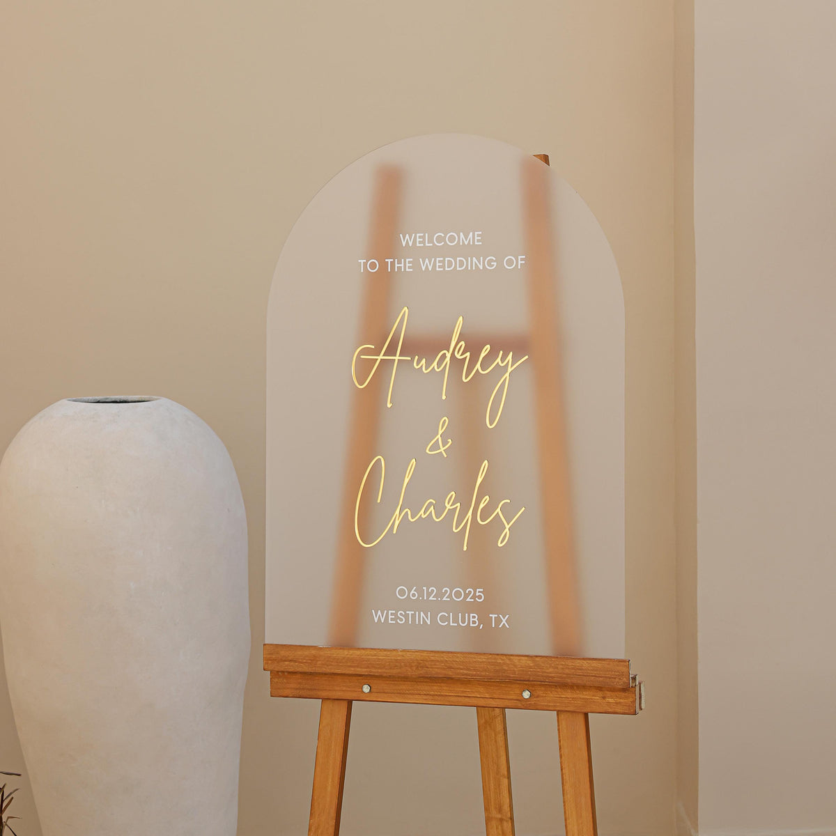 Frosted wedding welcome sign With 3D Mirror Gold Names