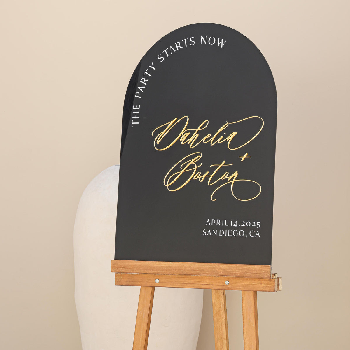 Black Wedding Welcome Sign with Mirror Gold Names