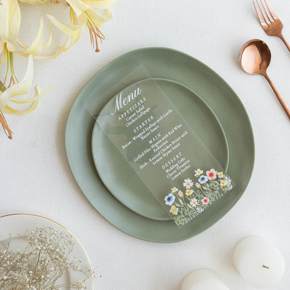 Clear Acrylic Wildflower Wedding Menu Cards