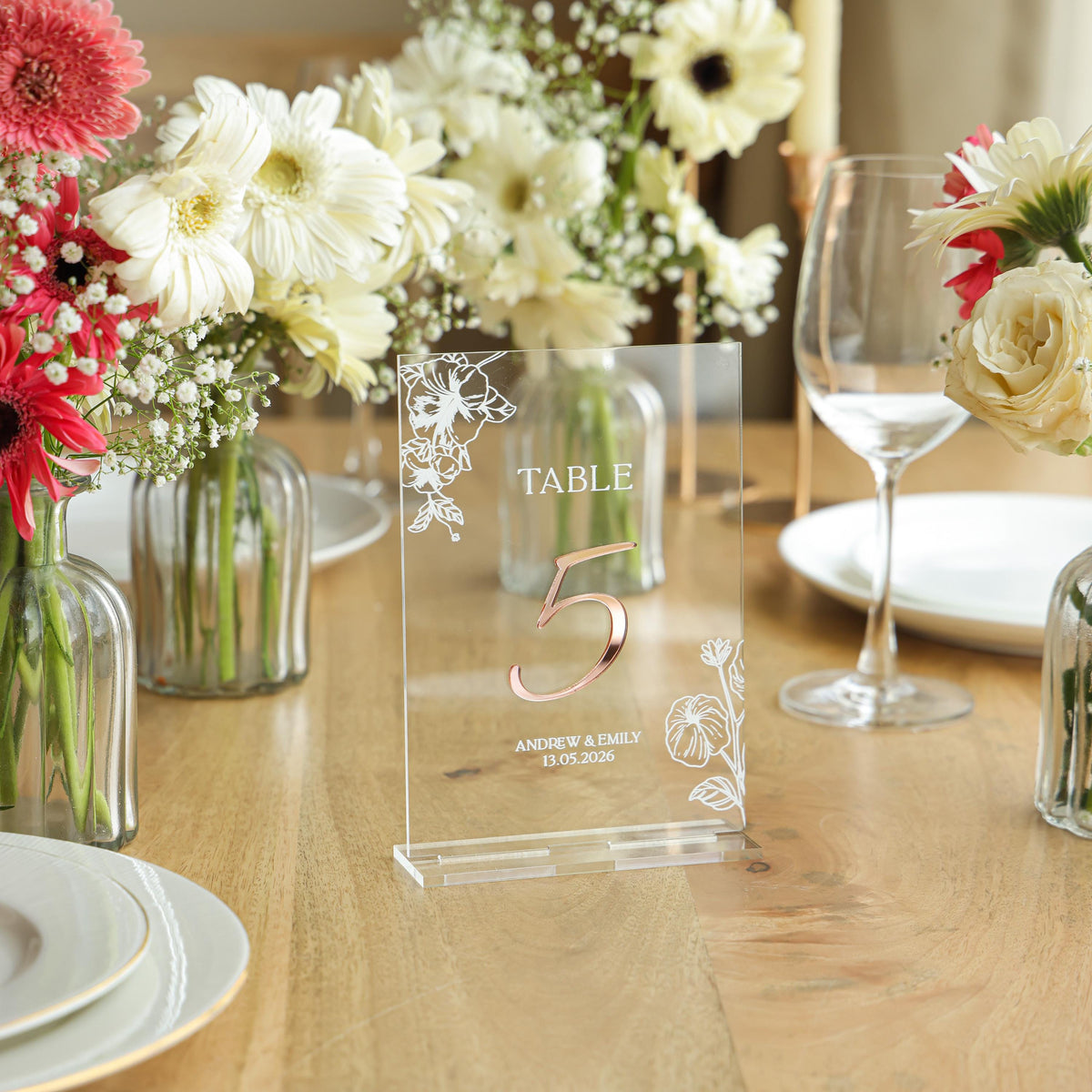 Clear Acrylic Wedding Table Numbers with flower – Wildflowers wedding sign - Wedding Table Decor – Reception Acrylic Table numbers